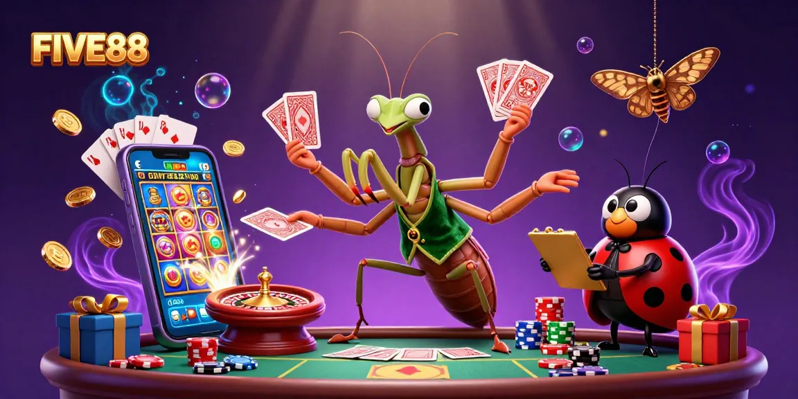 FIVE88 engages players with vibrant casino elements in a uniquely animated scene featuring a mantis card sharp.