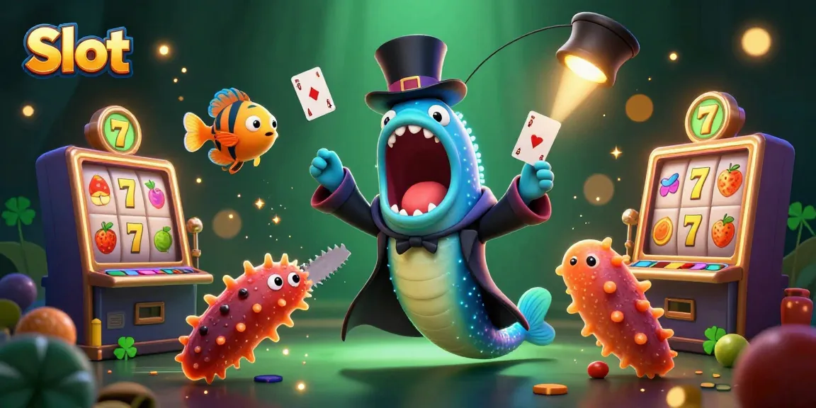 Permainan Slot dengan mesin slot berputar dan karakter lucu di latar belakang.