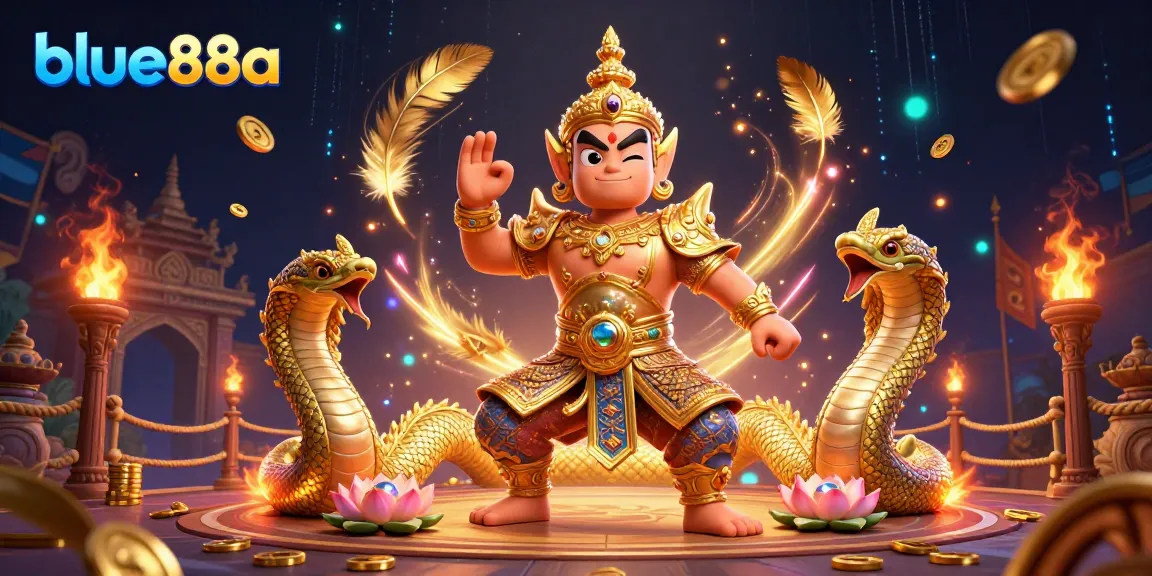 Experience the vibrant action at blue88a with dynamic casino gaming elements, highlighted by traditional Asian guardians and gold coins.