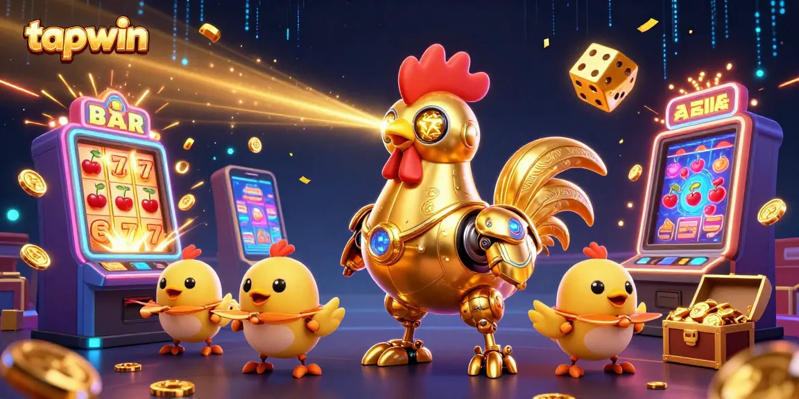 Experience the thrill at tapwin with an exciting golden robot and playful chick drones in a vibrant casino scene.