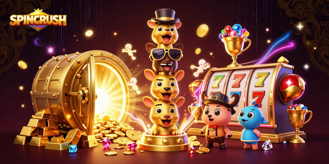 Experience the thrill of SPINCRUSH with dazzling golden treasures and vibrant casino elements.