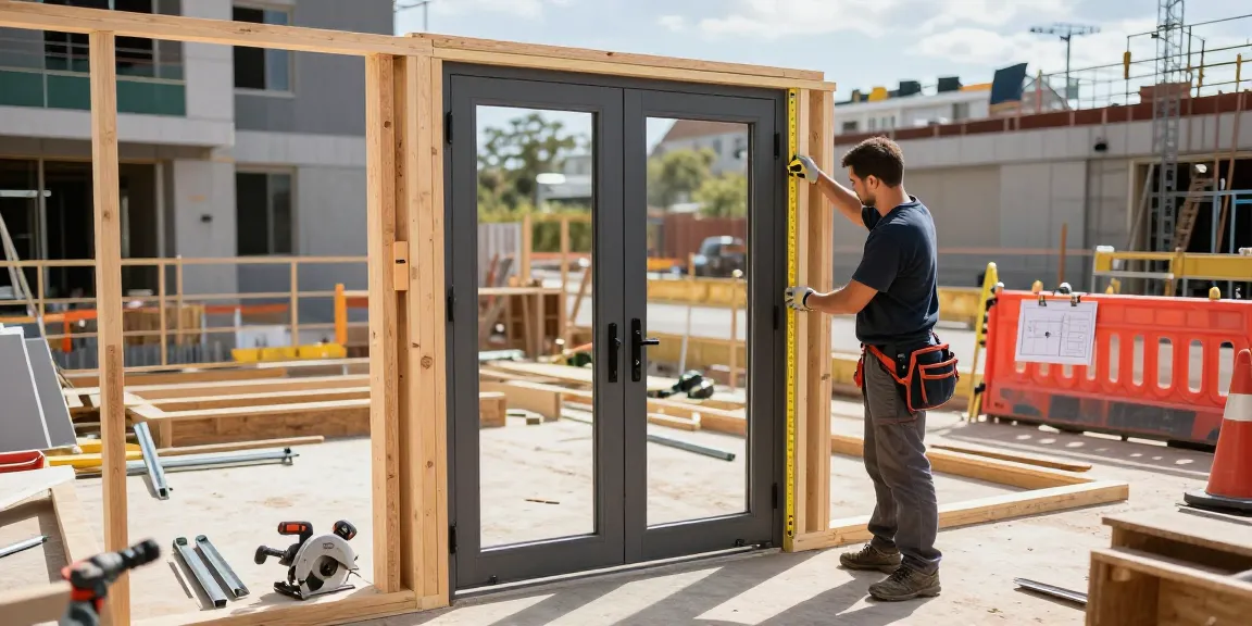 Installation of a single leaf double swing door by skilled carpenter at a modern construction site.