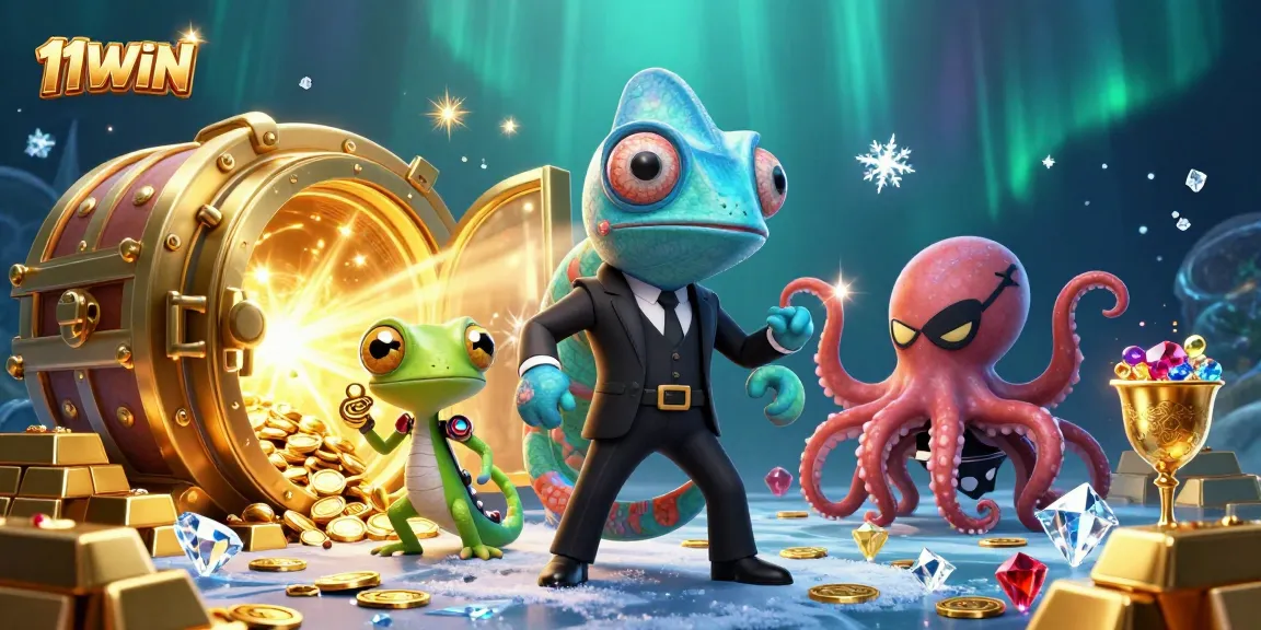 Win big at 11WIN with vibrant, dynamic casino-themed characters and treasures in an underwater scene.