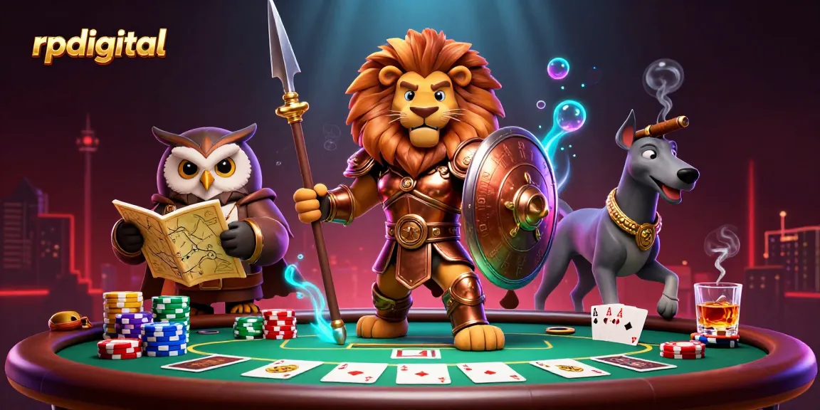 Engage in thrilling poker action with rpdigital's Spartan lion and strategic owl under vibrant casino lights.