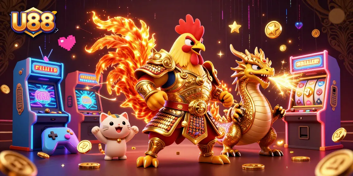 Engage in U88's vibrant 3D casino universe with a striking rooster warrior and dragon hatchling.