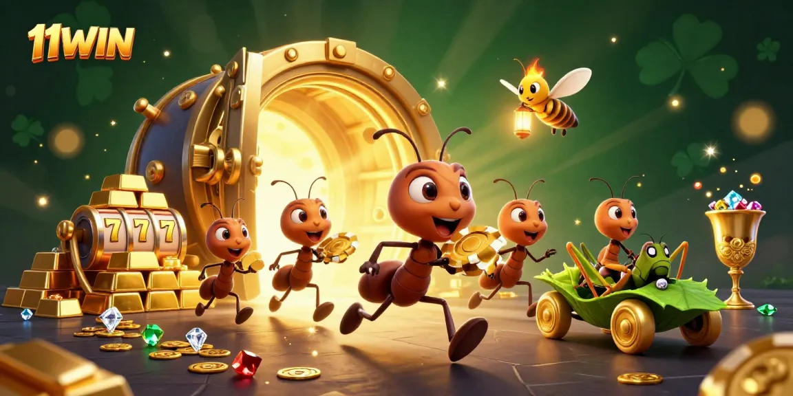 Join the adventure at 11WIN with ants heisting a giant poker chip amidst golden treasures!