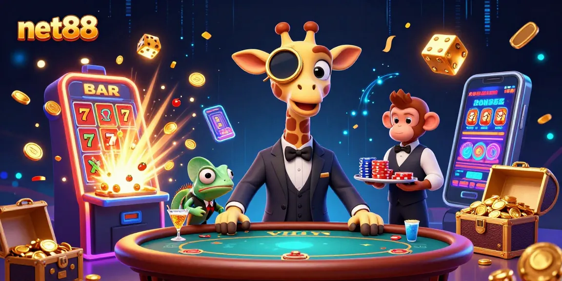 Experience thrilling gameplay with net88 in this vibrant 3D casino scene featuring a giraffe and friends.