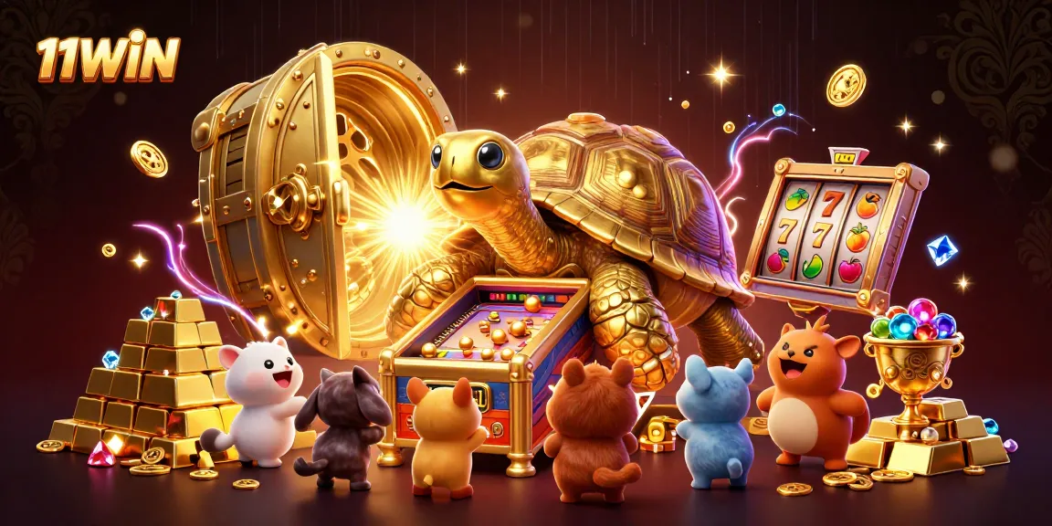 Experience excitement at 11WIN with a golden tortoise pinball machine and thrilling slot symbols!