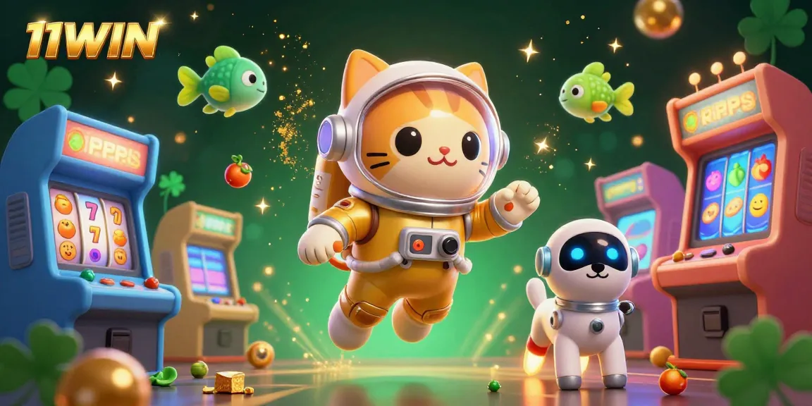 Experience the vibrant gaming world of 11WIN with a space cat and robot dog in a colorful casino.