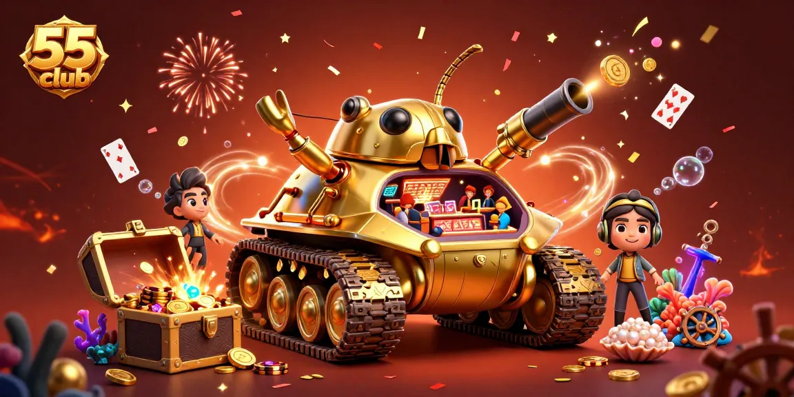 Experience the thrill of the 55 club with a vibrant casino scene from a massive golden beetle tank.