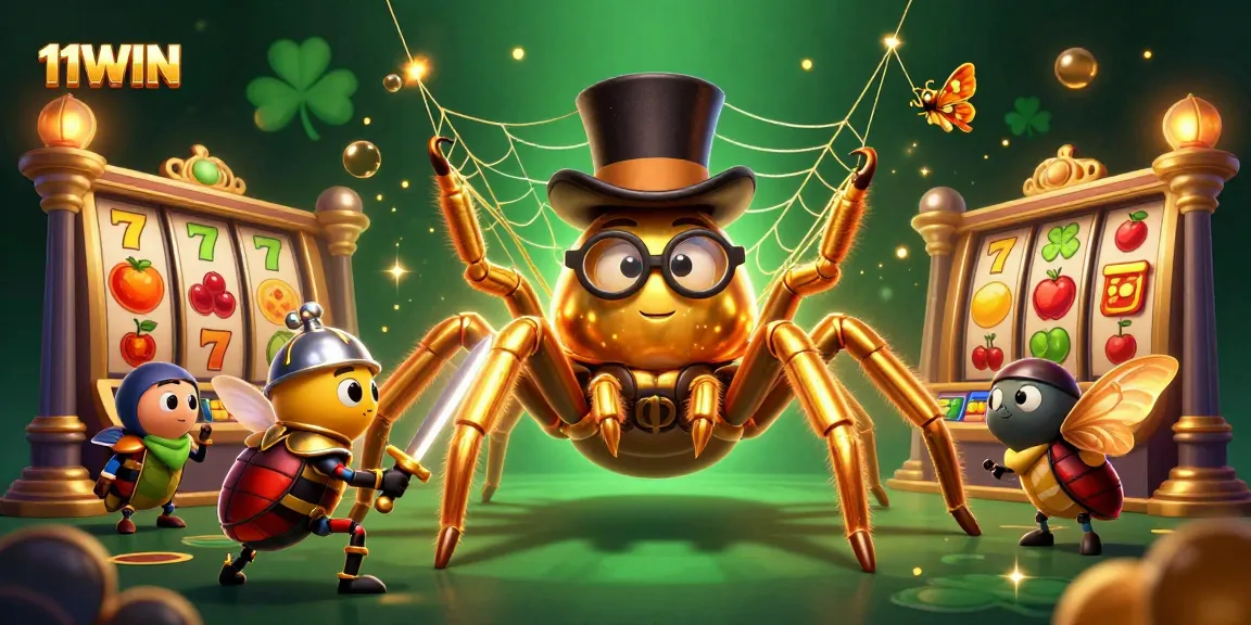 Experience the excitement of 11WIN with a golden tarantula and beetle knight in a vibrant casino scene.