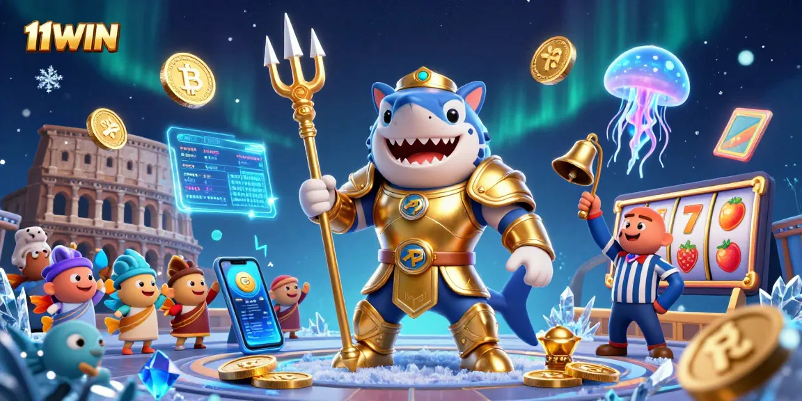 Engage in exciting slots action with 11WIN while a shark gladiator leads the battle.