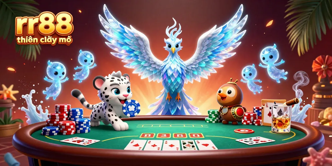 Experience the thrill of rr88 hiện đang mở with vibrant characters and poker elements in this dazzling casino scene.