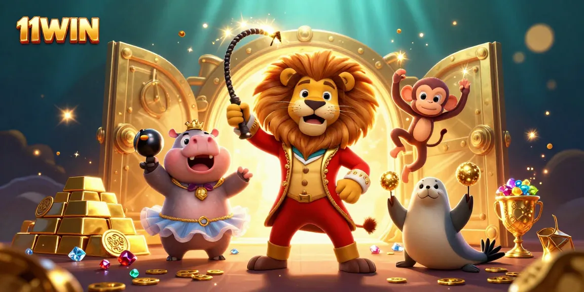 Join the excitement of 11WIN with a vibrant 3D circus-themed casino scene full of riches.