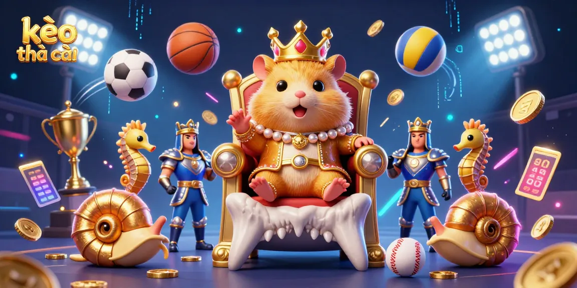 Engage in kèo nhà cái with a vibrant scene of a golden hamster king and sports bets, showcasing excitement and dynamic visuals.