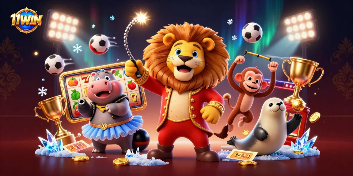 Join the excitement at 11WIN with a vibrant circus scene featuring dynamic casino game elements.