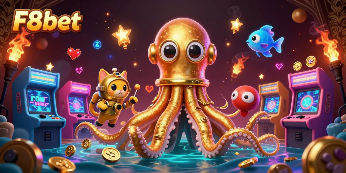 Play exciting games at F8bet with a stunning kraken and diving cat scene full of dynamic casino elements.