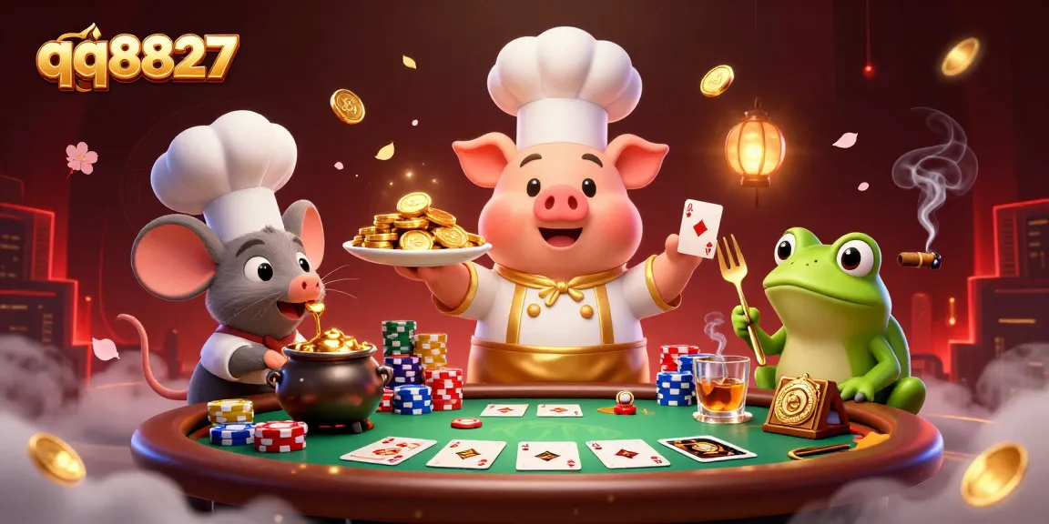 Experience the thrill of qq8827 with a vibrant 3D casino scene featuring gourmet gold coins.