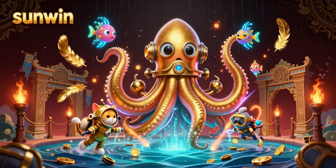 Engage with the sunwin casino adventure showcasing a colossal kraken and vintage diving cat amidst ocean treasure.