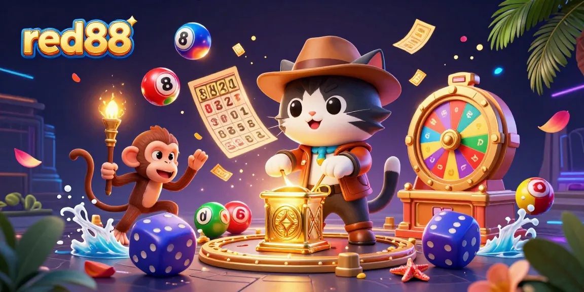 Experience thrilling gaming adventures at red88 with vibrant lottery balls and casino artifacts.