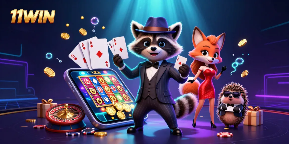 Join the fun at 11WIN with a raccoon showing a royal flush, alongside vibrant slot games and casino elements.
