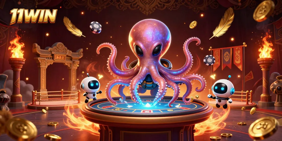 Join the 11WIN alien octopus at a holographic poker table, surrounded by vibrant casino elements.