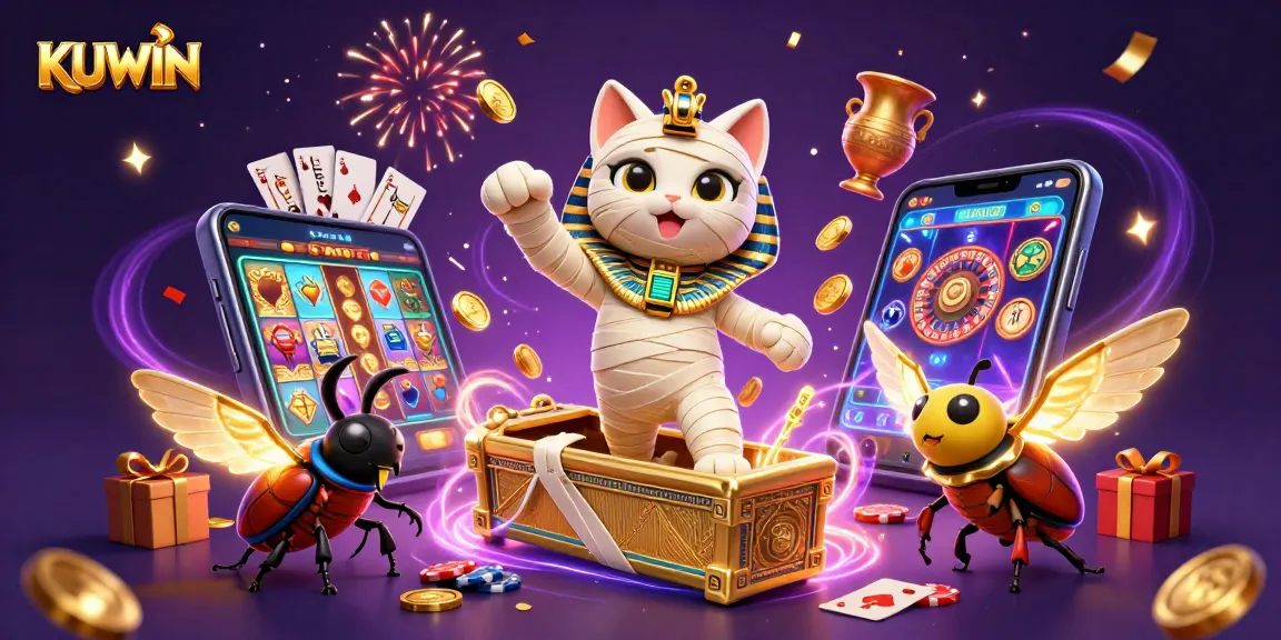 KUWIN highlights a lively 3D casino scene with a mummy cat, scarab, and floating cards.
